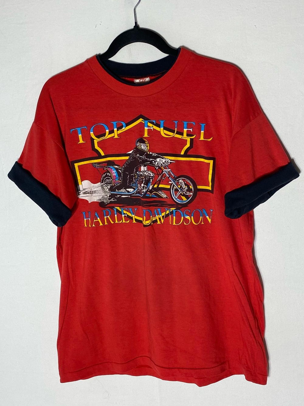 Vintage 80s Harley Davidson Top Fuel Drag Racing Ringer Shirt Made in Canada XL